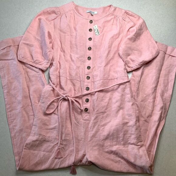 Madewell Linen-Blend Jumpsuit XS Puff-Sleeve Tassel-Tie Pink NWT - Picture 3 of 10